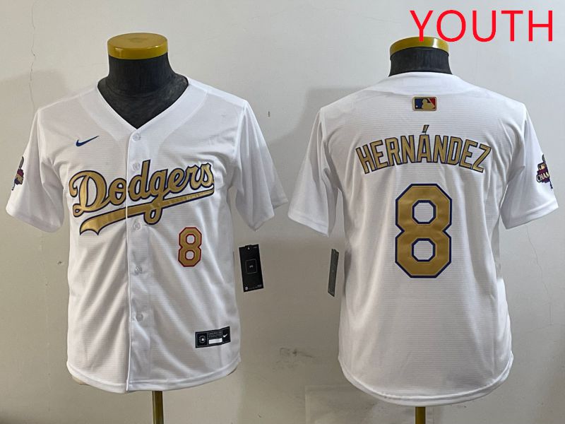 Youth Los Angeles Dodgers #8 Hernandez White Champion gold character 2025 Nike MLB Jersey style 1->youth mlb jersey->Youth Jersey